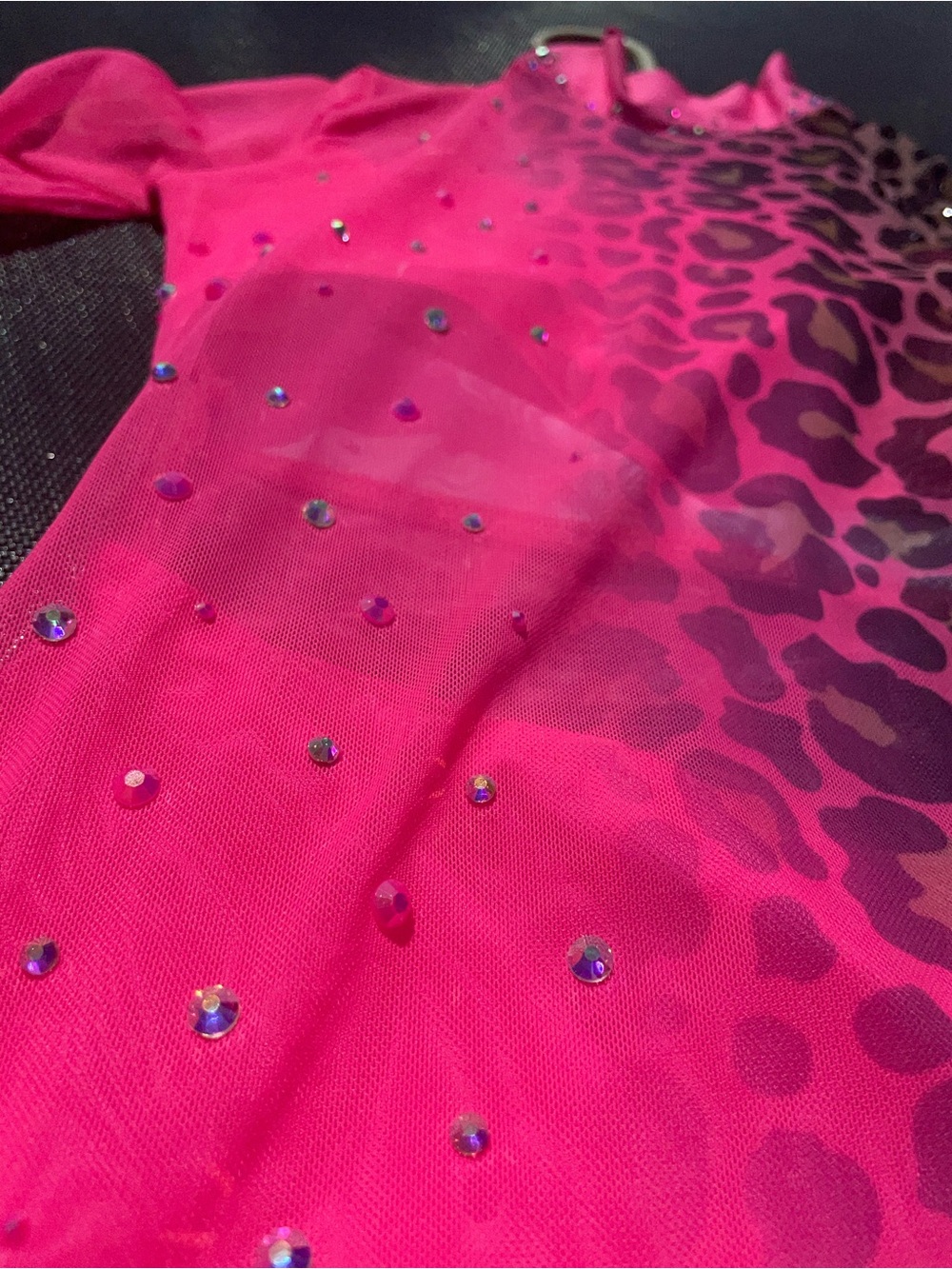 Hot Pink Leopard Mesh Rhinestone Leotard Dance Gymnastics Costume - Picture 4 of 9